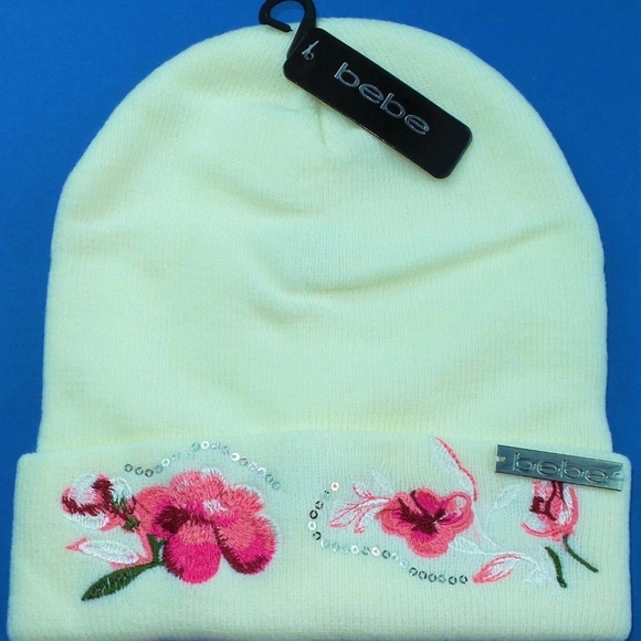 BEBE Women's Beanie Hat Ivory Sequin Embroidered - Picture 2 of 4